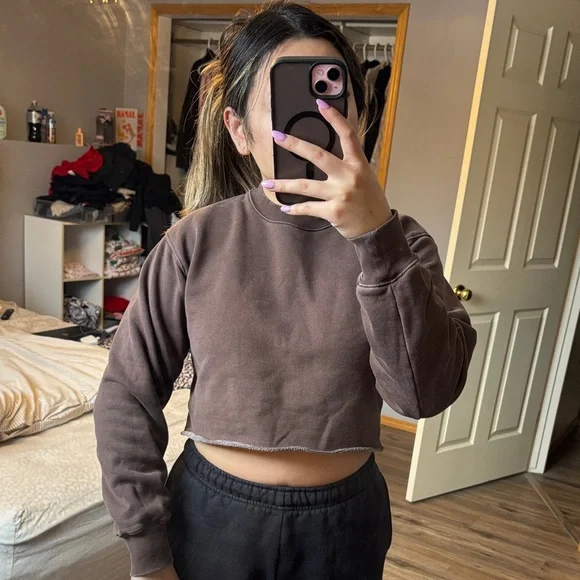 Aritzia/TNA Cropped Brown Crewneck Sweatshirt - Picture 1 of 6